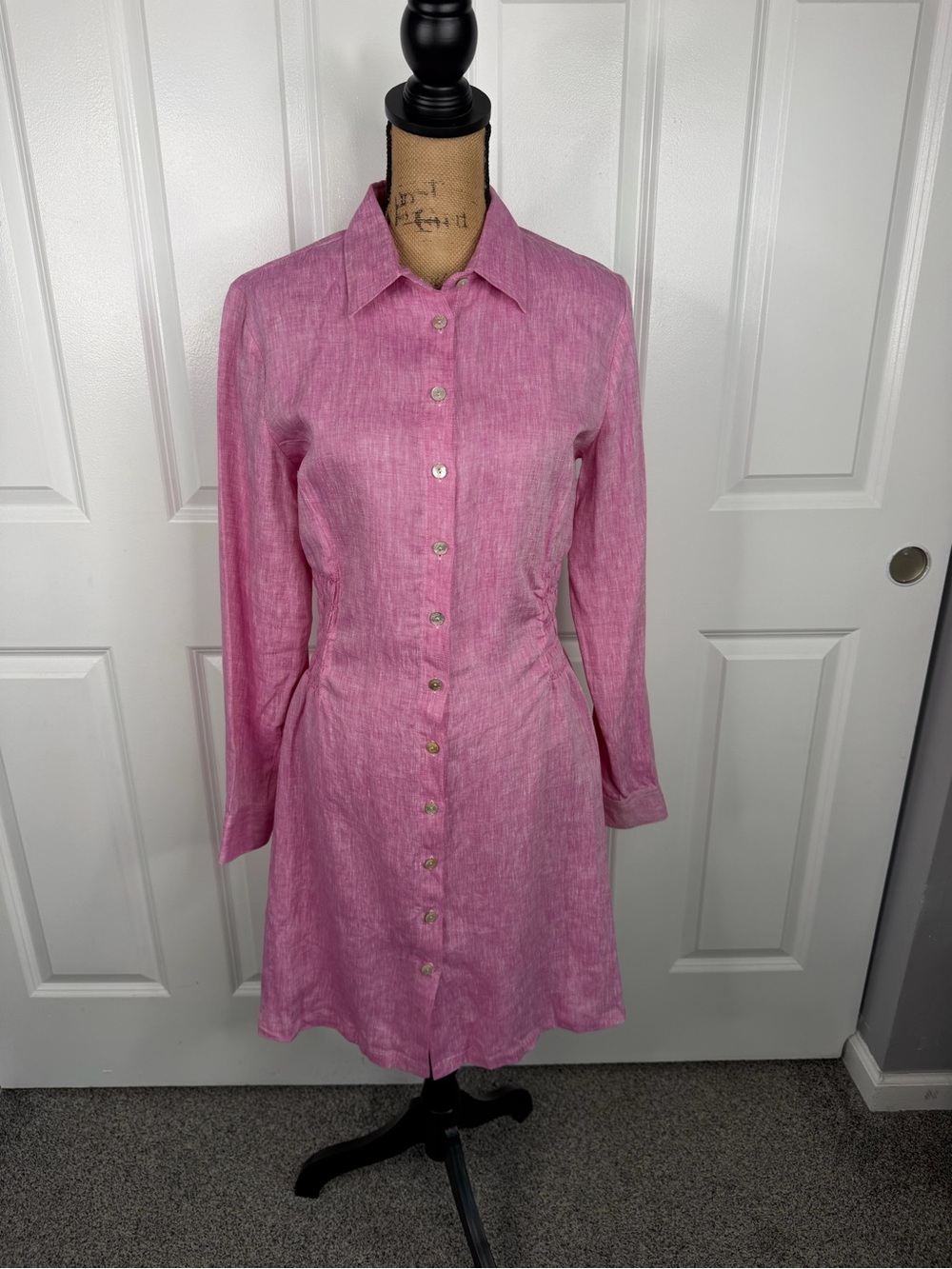 120% Lino Size 44 Pink 100% Linen Button Front Shirt Dress NWOT - Picture 2 of 9